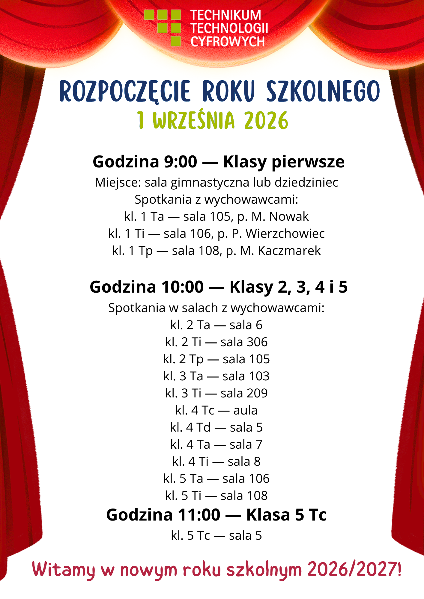 ???? Godzina 900 — Klasy pierwsze Miejsce sala gimnastyczna lub dziedziniec Spotkania z wychowawcami kl